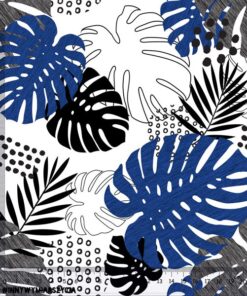 Alternative view of Tkanina wodoodporna małe tropikalne liście i granatowa monstera geometryczne na białym