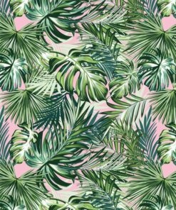Alternative view of Welur tapicerski tropikalne liście cyfrowe monstera i palma jasny róż
