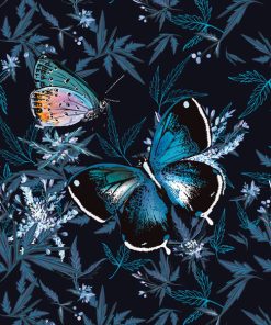 Panel dzianina motyle i rośliny ciemny niebieski