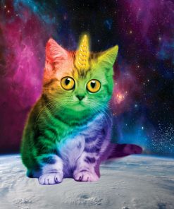 Panel dzianina kosmiczny tęczowy kot