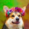 Panel dzianina corgi w wieńcu z kolorowych kwiatów