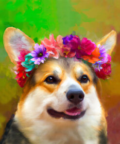 Panel welur corgi w wieńcu z kolorowych kwiatów
