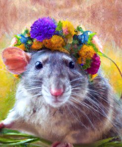 Panel welur portret szczur w wieńcu z kolorowych kwiatów