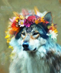 Panel welur portret wilk w wieńcu z kolorowych kwiatów