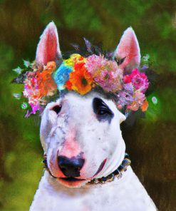 Panel wodoodporny portret bull terrier w wieńcu z kolorowych kwiatów 2