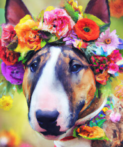 Panel welur portret bull terrier w wieńcu z kolorowych kwiatów