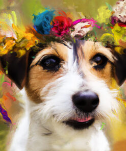 Panel welur portret jack russell w wieńcu z kolorowych kwiatów