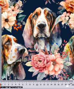 Alternative view of Welur tapicerski pies basset watercolor w kwiatach