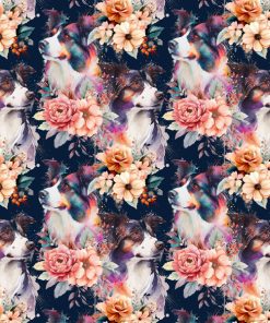Welur tapicerski pies border collie watercolor w kwiatach