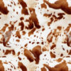 Close-up of brown and white spotted fur pattern. Irregular patches and swirls create a natural, textured appearance, resembling cowhide or animal fur. The colors blend seamlessly, showcasing a mix of soft and coarse hair textures.