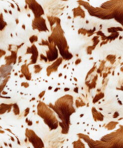 Close-up of brown and white spotted fur pattern. Irregular patches and swirls create a natural, textured appearance, resembling cowhide or animal fur. The colors blend seamlessly, showcasing a mix of soft and coarse hair textures.