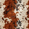 Close-up of a pattern that resembles animal fur with brown, black, and white spots on polyester fabric. This symmetrical design for the Tkanina wodoodporna futro brązowa krowa 1 integrates hints of dzikie kwiaty na różu, adding abstract texture.