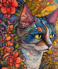 Panel welur kolorowy rysowany kot w kwiatach 1