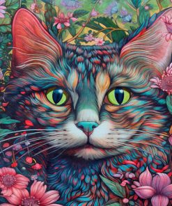 Panel welur kolorowy rysowany kot w kwiatach 3