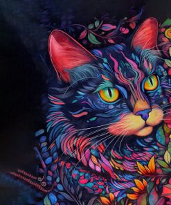Panel welur kolorowy rysowany kot w kwiatach 7