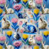Geometric-style illustration of rabbits surrounded by flowers in blue, yellow, and pink. The rabbits and flowers are arranged in a vibrant, repeating pattern on a light background, showcasing a playful and artistic design.