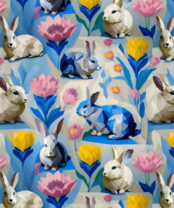 Geometric-style illustration of rabbits surrounded by flowers in blue, yellow, and pink. The rabbits and flowers are arranged in a vibrant, repeating pattern on a light background, showcasing a playful and artistic design.