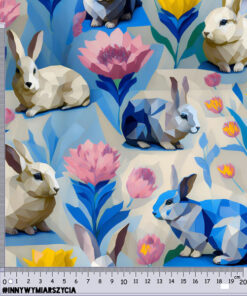 A pattern of geometric rabbits in various colors, surrounded by stylized flowers in pink, blue, and yellow. A ruler printed along the bottom edge provides a scale from 0 to 29 cm. Hashtags are printed vertically along the left edge.