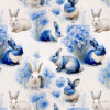 Pattern of white and blue rabbits surrounded by clusters of light blue flowers on a soft background. The rabbits are in various poses, creating a whimsical, nature-inspired design.