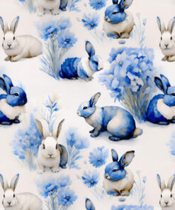 Pattern of white and blue rabbits surrounded by clusters of light blue flowers on a soft background. The rabbits are in various poses, creating a whimsical, nature-inspired design.