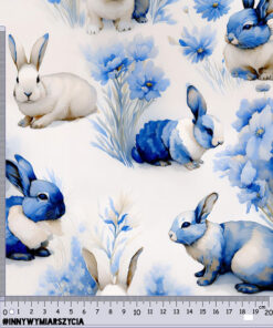 Illustrated wallpaper featuring rabbits and flowers in shades of blue and white. A centimeter ruler with hashtags #INNTYWYMIARSZYCIA is visible at the bottom edge of the image.