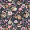 Seamless pattern featuring brown and white rabbits among various colorful flowers on a dark background.