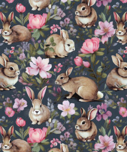 Seamless pattern featuring brown and white rabbits among various colorful flowers on a dark background.