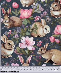 A floral pattern with rabbits on a dark background, interspersed with pink and purple flowers. Two transparent rulers with hashtag text overlay the image horizontally and vertically, measuring approximately 20 cm each.
