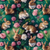 A repeating pattern featuring adorable brown and white rabbits surrounded by pink and white flowers on a dark green background. The design creates a whimsical and playful scene.
