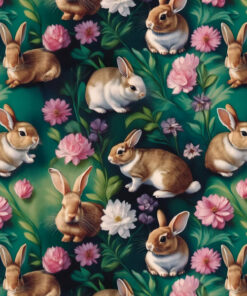 A repeating pattern featuring adorable brown and white rabbits surrounded by pink and white flowers on a dark green background. The design creates a whimsical and playful scene.
