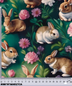 A vibrant pattern featuring brown and white rabbits among pink flowers and green leaves. Horizontal and vertical rulers border the image, displaying measurements in centimeters with #INNYWYMIARSZYCIA written along them.
