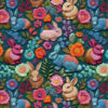 Colorful embroidered pattern of rabbits and detailed flowers on a teal background. The bunnies are in various colors like pink, blue, and brown, surrounded by vibrant flowers in hues of orange, pink, and green.