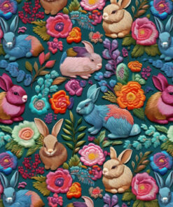 Colorful embroidered pattern of rabbits and detailed flowers on a teal background. The bunnies are in various colors like pink, blue, and brown, surrounded by vibrant flowers in hues of orange, pink, and green.