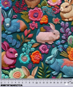 Colorful embroidery depicting rabbits and flowers on a teal background. The design includes various shades of pink, orange, turquoise, and green. A ruler with hashtags is at the bottom, suggesting vibrant, intricate details in the stitching.