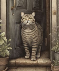 Panel welur pręgowany kot stojący w drzwiach