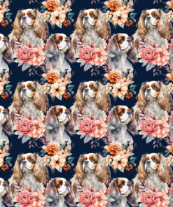 Tkanina wodoodporna pies cavalier king charles spaniel watercolor w kwiatach mały