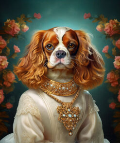 The Panel welur royal pet cavalier king charles spaniel 104 showcases a noble canine gracing an ornate white gown with a gold necklace, set against a dark floral backdrop adorned with pink roses and green leaves, exuding elegance and aristocracy.