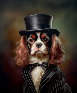 Product 105, featuring a regal Cavalier King Charles Spaniel in formal attire with a black top hat and black-and-white striped suit with a bow tie, is set against an elegantly blurred dark panel wodoodporny background.