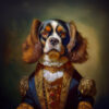 The Panel Wodoodporny Royal Pet Cavalier King Charles Spaniel 105 features a regal spaniel dressed in ornate 18th-century royal attire with gold embroidery and a ruffled collar, posing majestically against a dark, dramatic background.