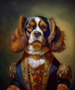 The Panel Wodoodporny Royal Pet Cavalier King Charles Spaniel 105 features a regal spaniel dressed in ornate 18th-century royal attire with gold embroidery and a ruffled collar, posing majestically against a dark, dramatic background.