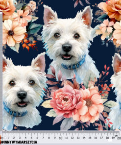 Welur tapicerski pies west terrier watercolor w kwiatach - obrazek 2